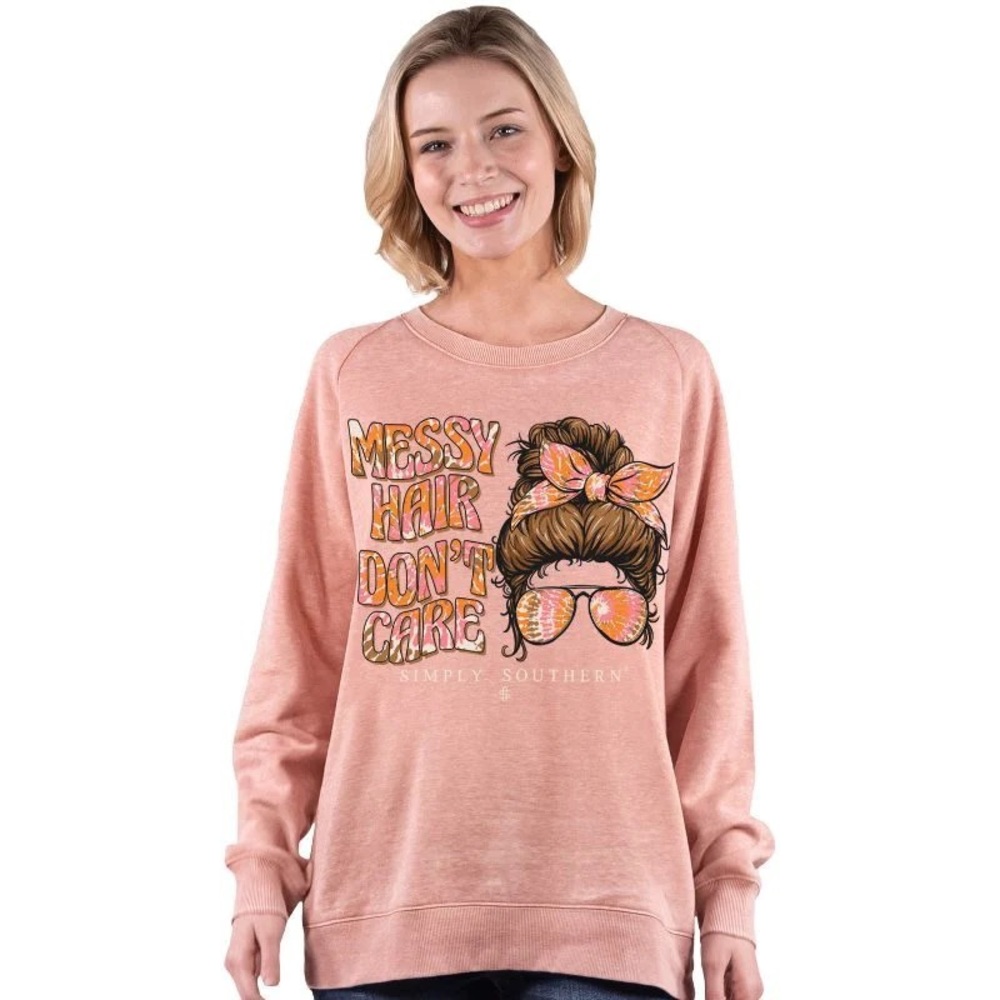 NWT Simply Southern orange long sleeve crew neck graphic sweater Messy hair